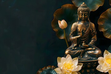Gold Buddha statue and yellow lotus flowers on empty dark background with copy space, yoga, meditation and relaxation time