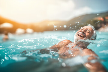 A cheerful elderly man with a white beard is swimming and enjoying himself on a beach on a sunny day during summer vacation. He is enjoying his retirement and an active aging in a healthy lifestyle.