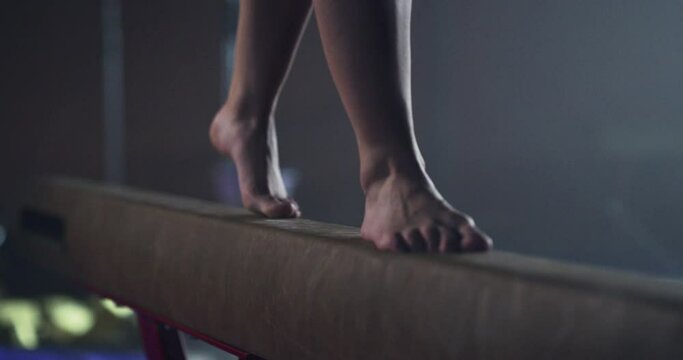 Feet Of Female Gymnast Closeup On A Balance Beam In The Gym Active Living Balance Concentration Gymnastics Competitive Mindset Concept 4k