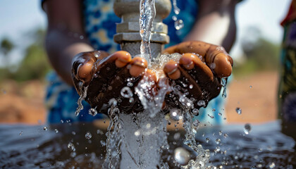 Close-up of an African child's hands under a stream of water.