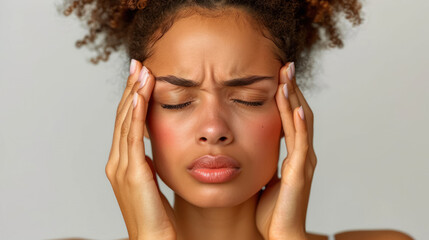 Fototapeta premium young woman in distress holding her head, expressing headache or stress