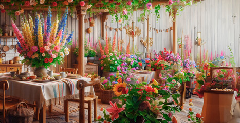 Fototapeta premium a room with flowers and a table with a sign that says spring
