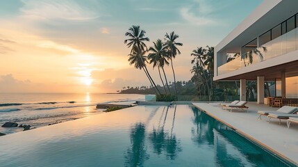 Luxury waterfront villa: with the pool, beach house, palm trees, sunset, white walls and modern architecture in Sri Lanka with an ocean view, infinity edge swimming pool overlooking the sea.