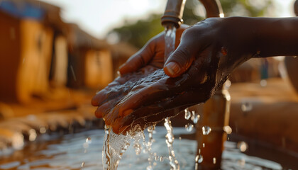 Close-up of an African child's hands under a stream of water.