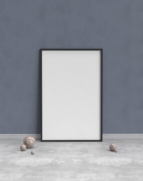 Pancarta en blanco con marco negro sobre pared de hormig&oacute;n gris azulado en interiores para rellenar. Imagen 3d. Poster para redes sociales.