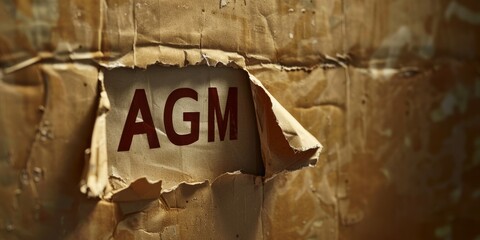Torn cardboard revealing the letters 'AGM' on a brown background. Conceptual photography highlighting annual general meeting and corporate themes. Banner with copy space