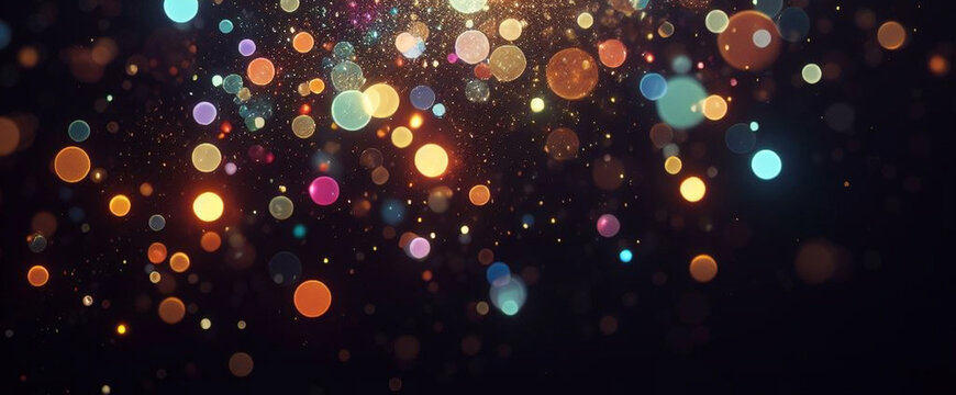 Black banner dark bokeh particles glitter awards dust gradient abstract background. Futuristic glittering in space on black background blank empty with copy space for product design or text copyspace