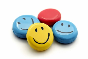 Joyful display of blue, red, and yellow buttons with smiling faces, evoking happiness and creativity in decoration