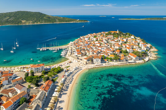 Aerial view of the picturesque Primosten town, Adriatic sea, Croatia
