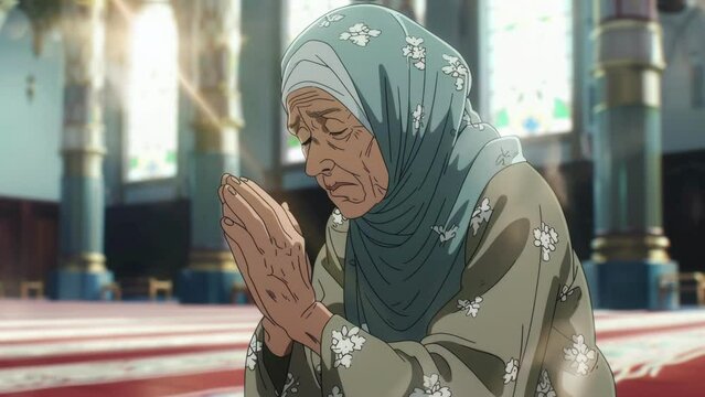 muslim woman praying at mosque, anime style