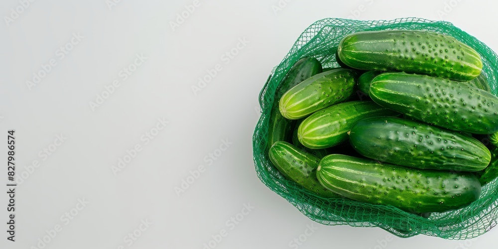 Wall mural Fresh Cucumbers in Green Mesh Bag. Top view of fresh cucumbers in a green mesh bag on a white background, emphasizing freshness and healthy eating. Banner with copy space