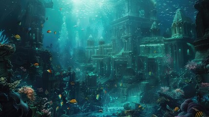 An underwater city with bioluminescent coral, schools of colorful fish, and ancient ruins, all illuminated by the eerie glow of an underwater volcano