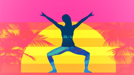 A woman is doing a yoga pose in front of a sunset. The image has a tropical vibe with palm trees in the background