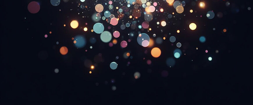 Black banner dark bokeh particles glitter awards dust gradient abstract background. Futuristic glittering in space on black background blank empty with copy space for product design or text copyspace