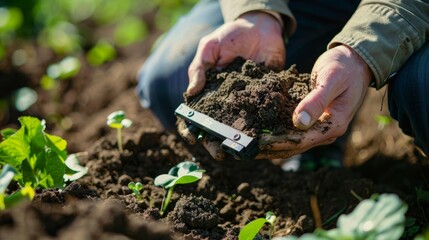 A farmer holds a portable soil scanner which uses AI algorithms to provide detailed analysis of the soils composition.