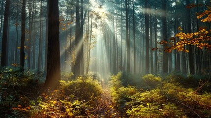 Naklejka premium Sunlight Beaming Through a Dense Forest with Lush Greenery