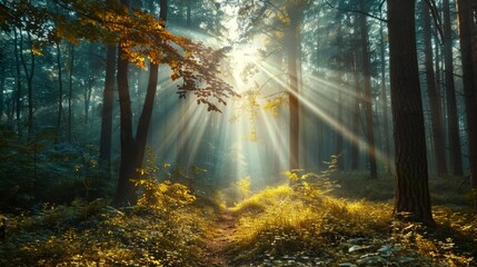 Fototapeta premium Sunlight Beaming Through a Dense Forest with Lush Greenery