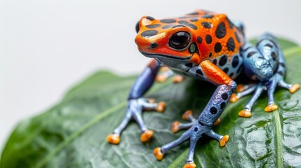 Obraz premium Close-up of a colorful dart frog on a leaf, showcasing vibrant orange and blue patterns on its skin and legs.