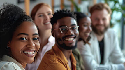 Fototapeta premium Photo of diverse group of leaders smiling, Successful business team gathered in a boardroom, young professional business people standing together