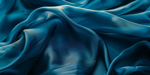 Obraz premium Blue fabric with delicate folds. Silk satin fabric backdrop with copy space.