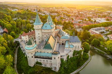 Aerial view of Bojnice medieval castle, UNESCO heritage site in Slovakia