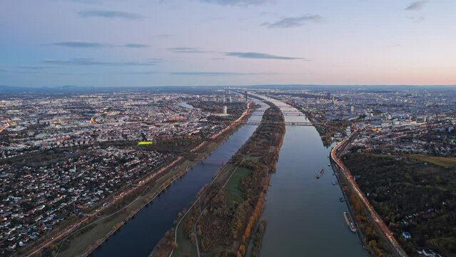 Evening aerial view of Vienna city, Austria. 2x speeded up from 30 fps.