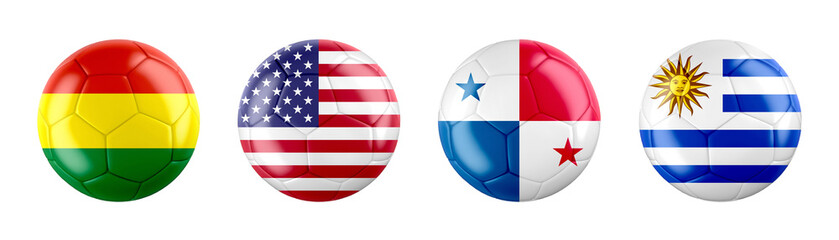 Copa America 2024 USA. GROUP C teams ball flags. Transparent background. 3d illustration .	