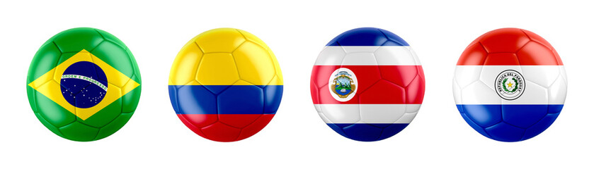 Copa America 2024 USA. GROUP D teams ball flags. Transparent background. 3d illustration .	