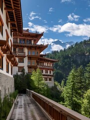 Bhutanese-Inspired Five-Star Hotel Complex by Edward Tuttle, Combining Traditional and Modern Minimalist Architecture in Forest Plateau, Wide-Angle Shot with Dynamic Details. Generative AI