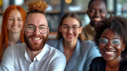 Fototapeta premium Photo of diverse group of leaders smiling, Successful business team gathered in a boardroom, young professional business people standing together