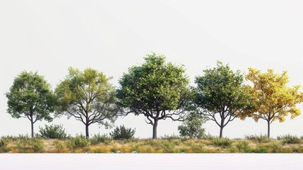 Green trees forest and foliage in summer. Row of trees and shrubs isolated on a transparent background. 