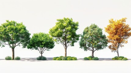Green trees forest and foliage in summer. Row of trees and shrubs isolated on a transparent background. 