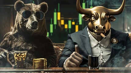 Bear in Suit with Sunglasses and Bull in Suit with Cigar, Staring at Bitcoin with Green Upward Arrow. Generative AI