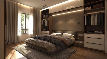 Contemporary bedroom design featuring wardrobe and closet