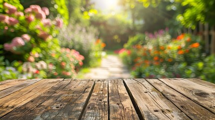empty wood table with blur montage outdoor garden