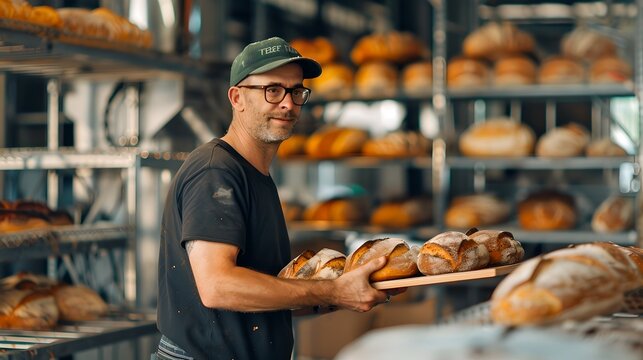 Friendly baker holding fresh bread in a cozy bakery. Artisan bread shop stocked with loaves. Warm and inviting atmosphere in a local bakery. Small business charm. AI