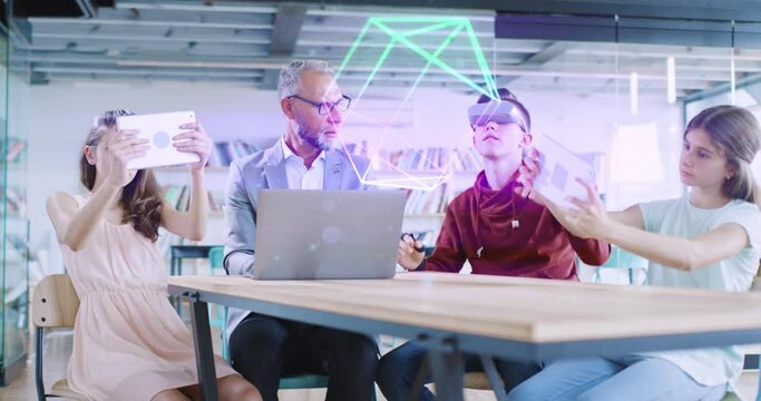 Virtual Classroom Students Using VR Headset eLearning Online Teaching Online Learning Modern Education Digital Classroom Concept Slow Motion 8k