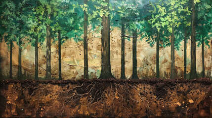 A painting of a forest with trees and dirt