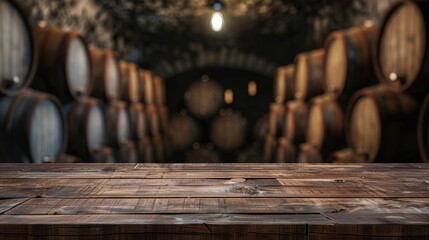 empty dark wooden tabletop for product display on blurred winery wine barrels cellar background