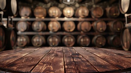 empty dark wooden tabletop for product display on blurred winery wine barrels cellar background - Powered by Adobe