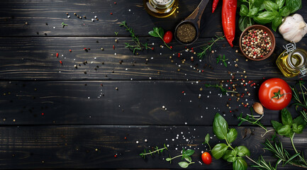 Black wooden background with various spices and herbswith fresh vegetables, oil bottles, tomato and garlic in a top view, cooking concept banner design 