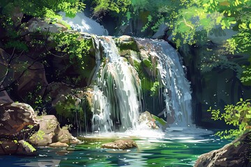 Painting of a waterfall cascading through a lush forest, surrounded by green trees and rocks. Generative AI