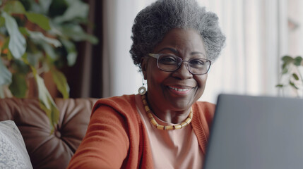 Elderly woman smiling while using a laptop at home
