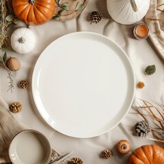 Flat lay mockup for autumn Thanksgiving. Empty sheet in the middle. Top view, copy space.