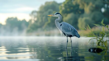 Naklejka premium Portrait of a Grey Heron standing gracefully in a tranquil lake