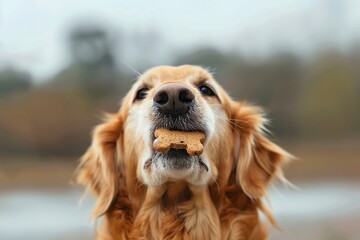 Golden retriever holding a bone-shaped biscuit in its mouth, outdoor setting, showcasing joy and playfulness. - Powered by Adobe