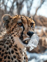 Close-up of a cheetah biting into a piece of ice on a winter day, showcasing its spotted fur and sharp teeth.