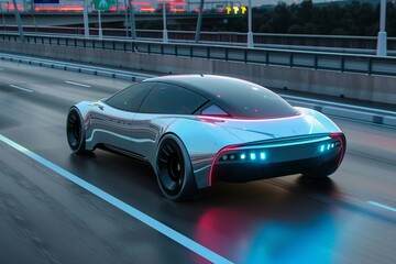 Naklejka premium Autonomous car effortlessly gliding through an urban highway, with futuristic architecture in the background