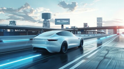High speed journey through a futuristic urban landscape at dusk, with high tech vehicle features highlighted
