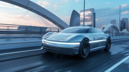 Fototapeta premium Sleek futuristic car navigating through city traffic at sunset, blending technology with urban life